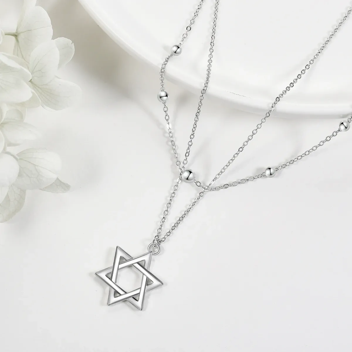 Sterling Silver Star Of David Layered Necklace-4