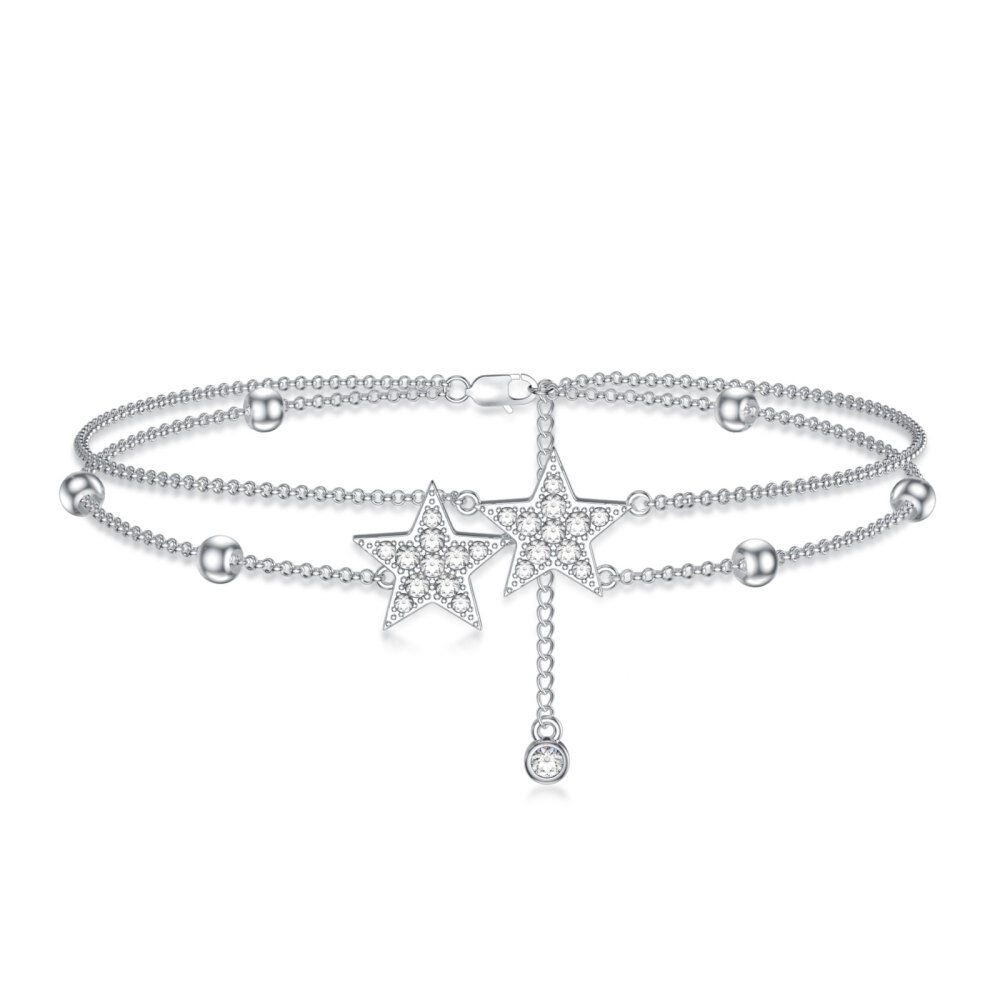 Sterling Silver Cubic Zirconia Star Multi-layered Anklet-1