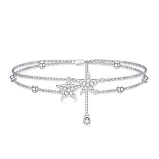 Sterling Silver Cubic Zirconia Star Multi-layered Anklet-11