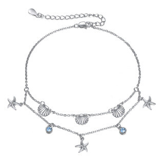 Sterling Silver Cubic Zirconia Starfish Multi-layered Anklet-40