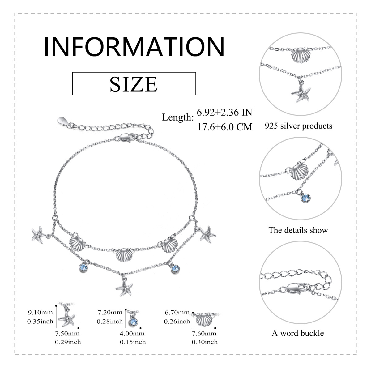 Sterling Silber Cubic Zirkonia Seestern mehrschichtige Fußkettchen-5