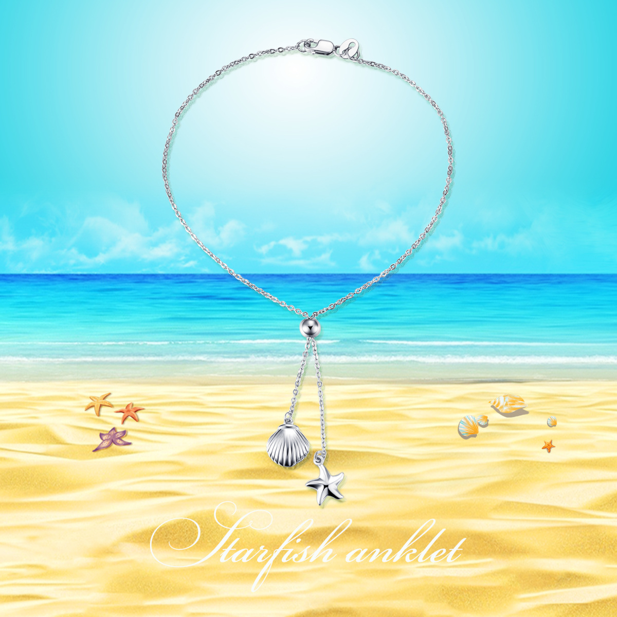 Sterling Silver Starfish & Shell Single Layer Anklet-6