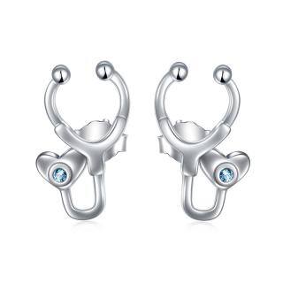 Sterling Silver Round Cubic Zirconia Stethoscope Stud Earrings-40