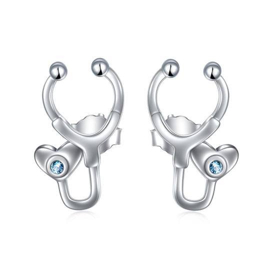 Sterling Silver Round Cubic Zirconia Stethoscope Stud Earrings