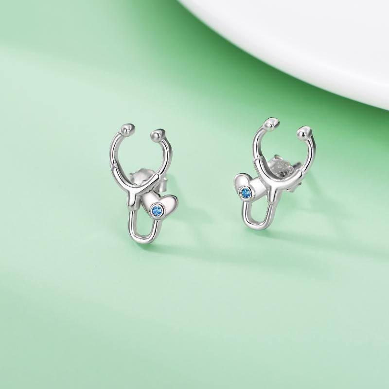 Sterling Silver Round Cubic Zirconia Stethoscope Stud Earrings-3