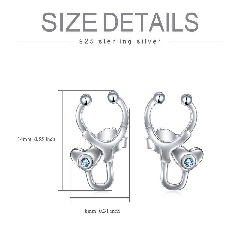 Sterling Silver Round Cubic Zirconia Stethoscope Stud Earrings-5
