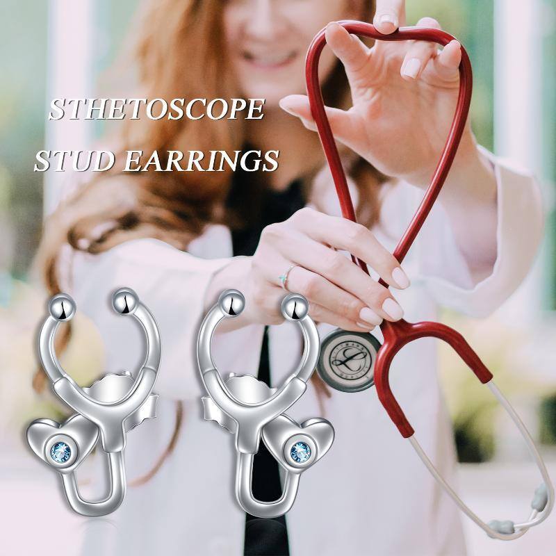 Sterling Silver Round Cubic Zirconia Stethoscope Stud Earrings-6