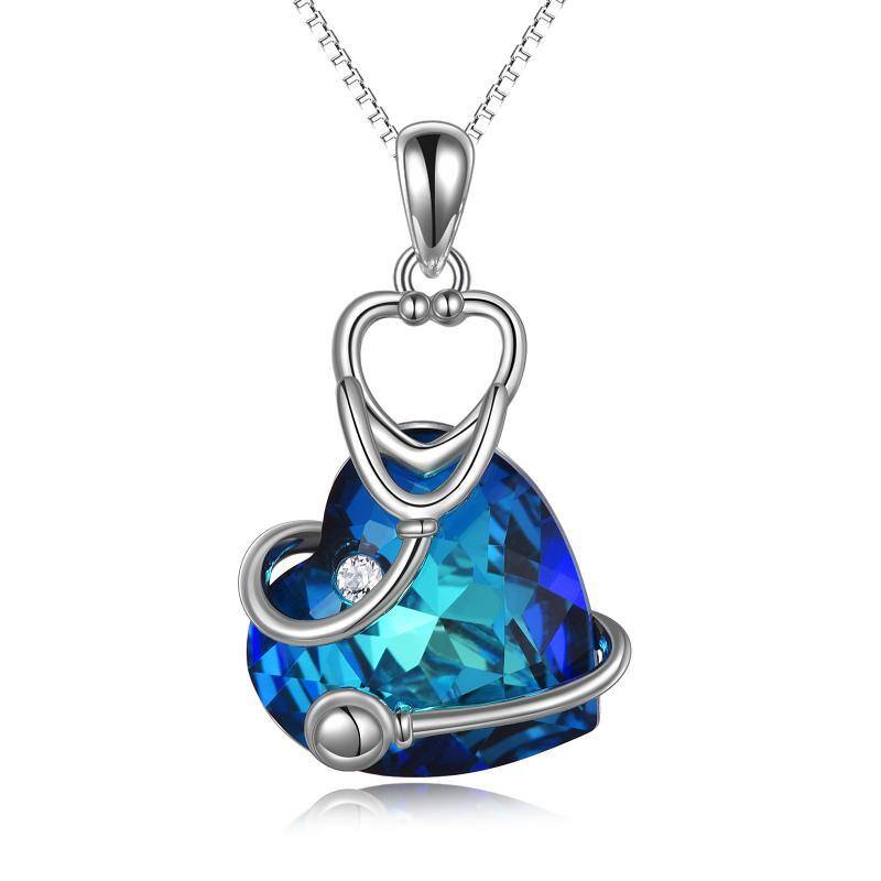 Sterling Silver Blue Crystal Stethoscope Pendant Pendant Necklace For Women-1