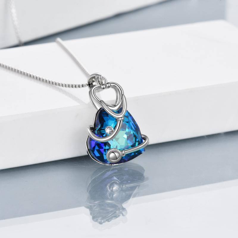 Sterling Silver Blue Crystal Stethoscope Pendant Pendant Necklace For Women-3