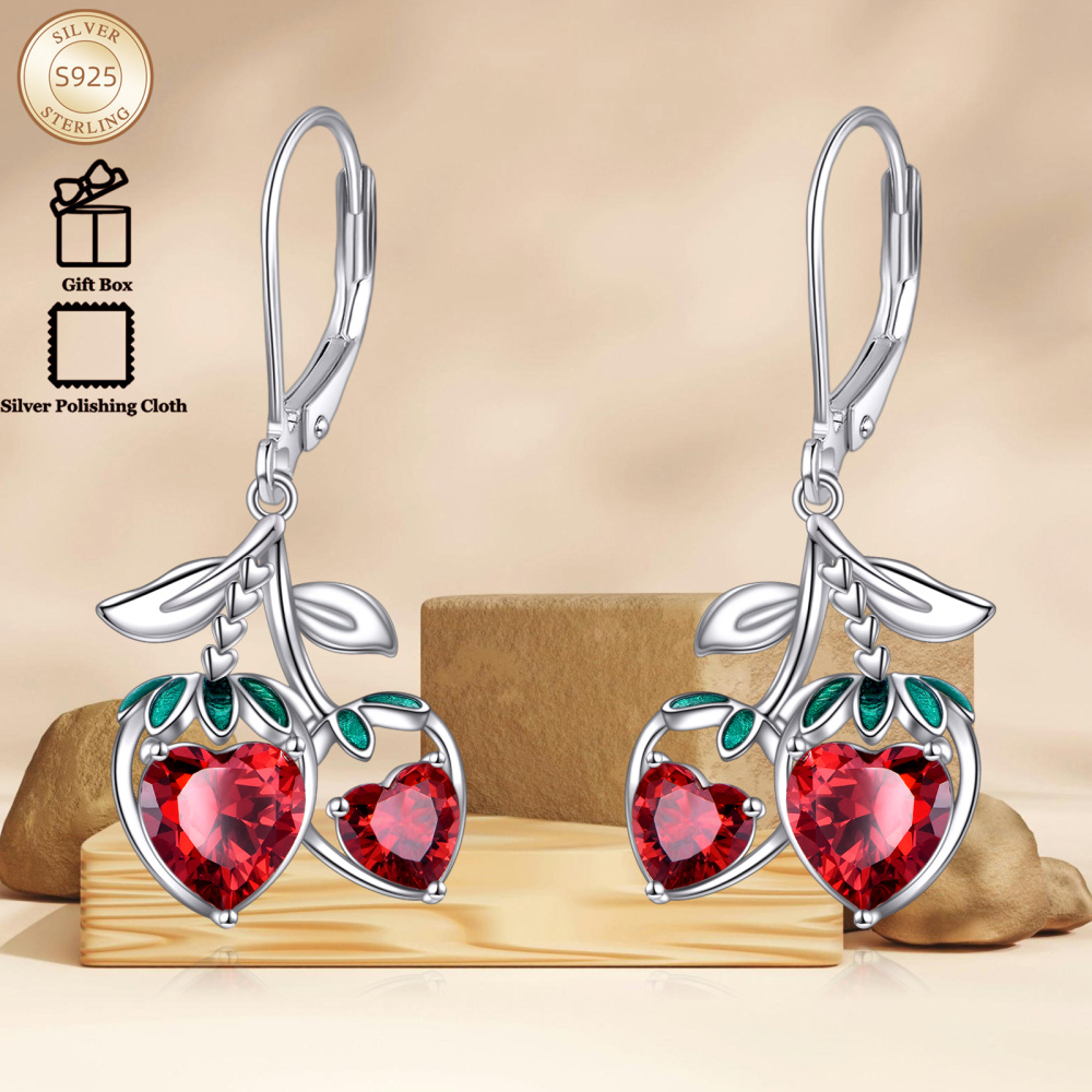 Sterling Silver Cubic Zirconia Strawberry Lever-back Earrings-5