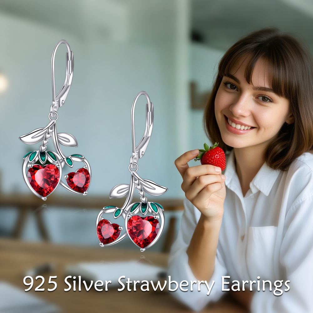 Sterling Silver Cubic Zirconia Strawberry Lever-back Earrings-7