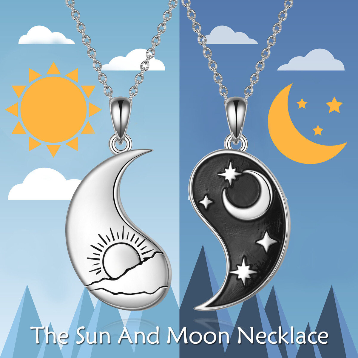 Collar Yin Yang de plata de ley con sol y luna para 2 parejas BFF-3