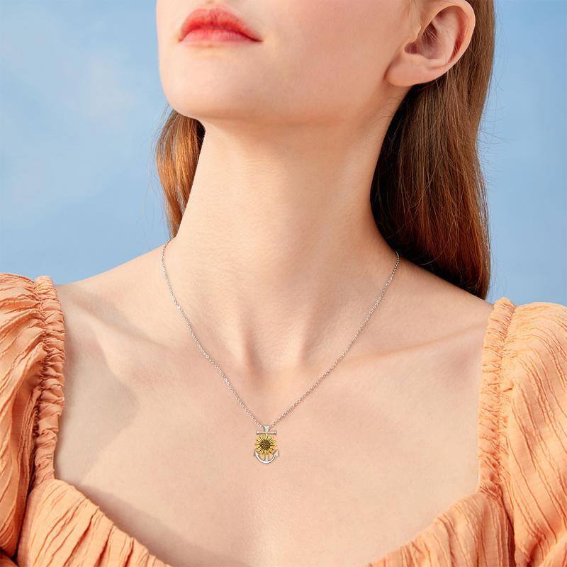 Sterling Silver Sunflower & Anchor Pendant Necklace-2