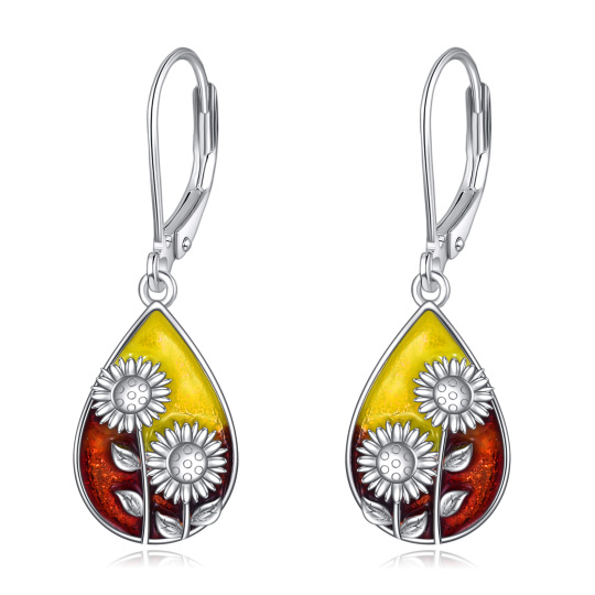 Sterling Silver Sunflower & Drop Shape Lever-back Earrings