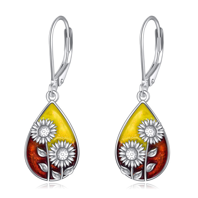 Sterling Silver Sunflower & Drop Shape Lever-back Earrings-1