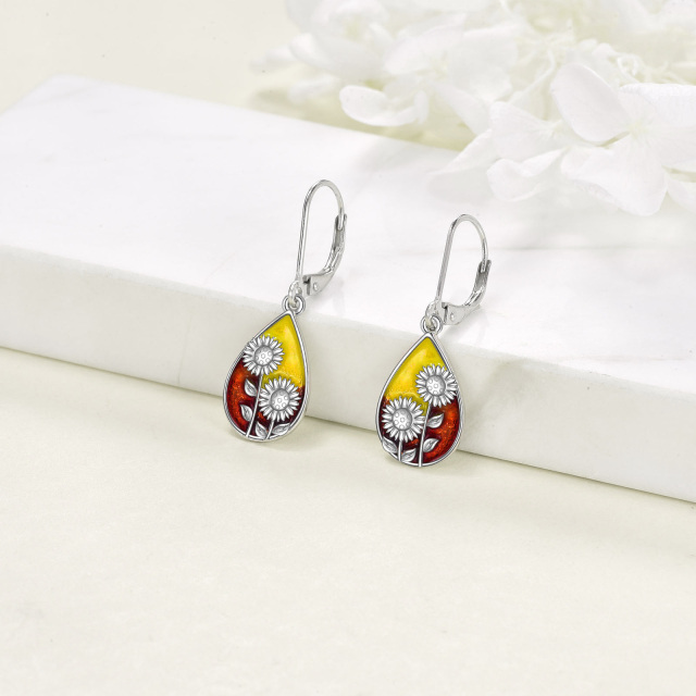 Boucles d'oreilles à levier en argent sterling en forme de tournesol et de goutte d'eau-3