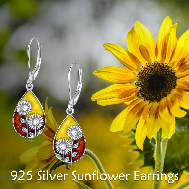 Boucles d'oreilles à levier en argent sterling en forme de tournesol et de goutte d'eau-6