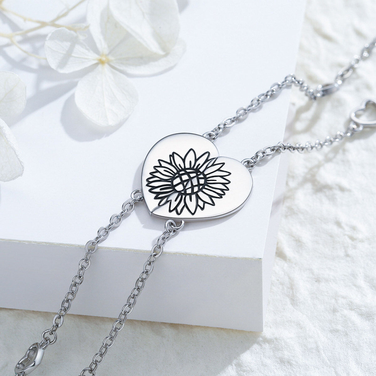 Sterling Silver Sunflower & Heart Charm Bracelet-5