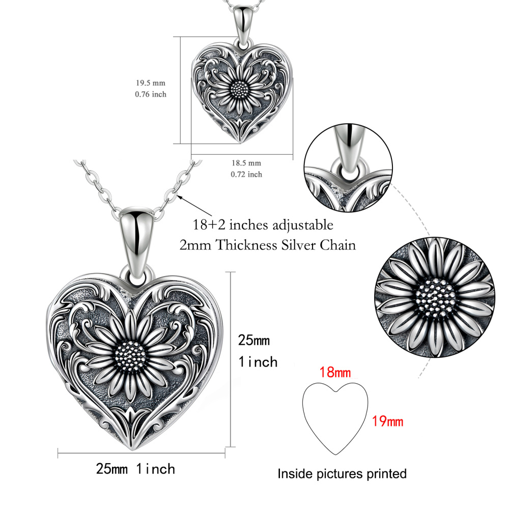 Colar com medalhão de foto com gravura personalizada em coração de girassol de prata esterlina-6