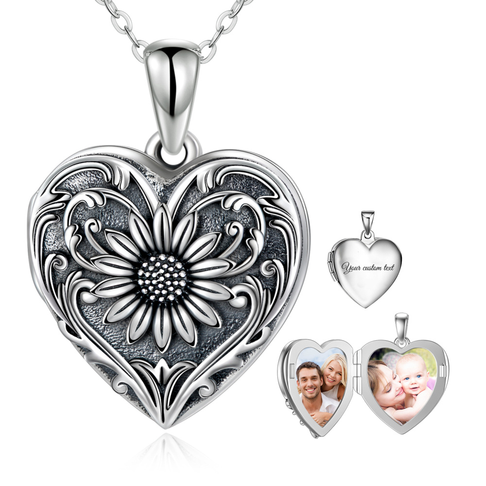 Colar com medalhão de foto com gravura personalizada em coração de girassol de prata esterlina-1