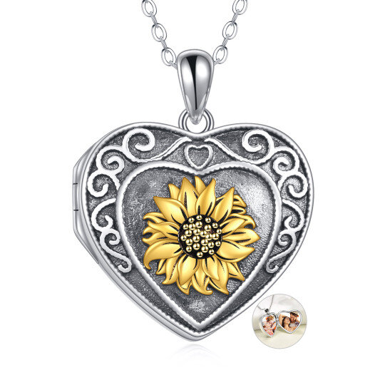 Collar Portafotos Personalizado Girasol y Corazón en Plata de Ley con Palabra Grabada