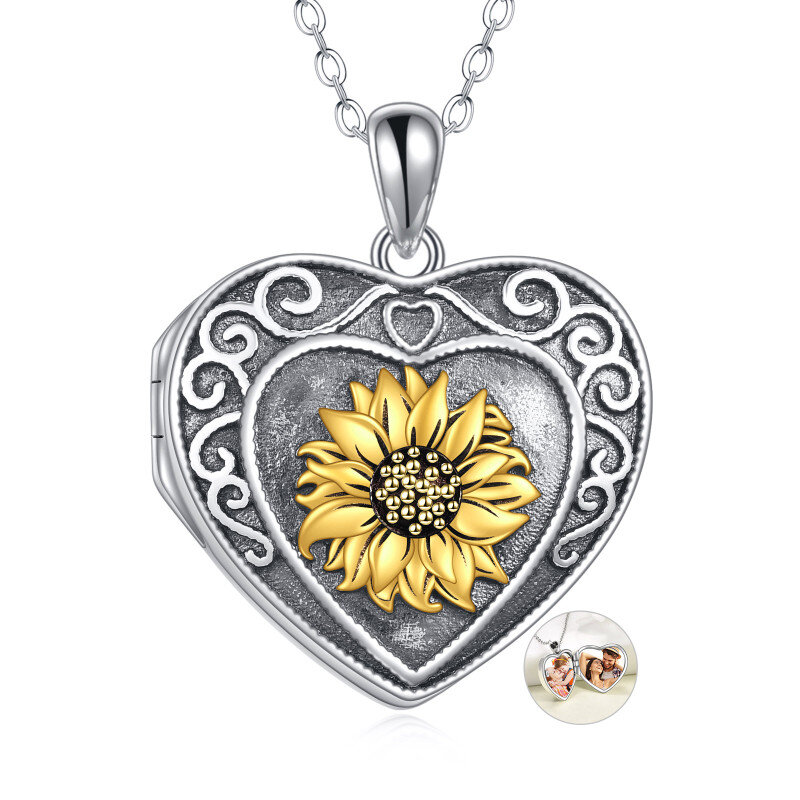 Sterling Silver Sunflower & Heart Personalized Photo Locket Necklace with Engraved Word