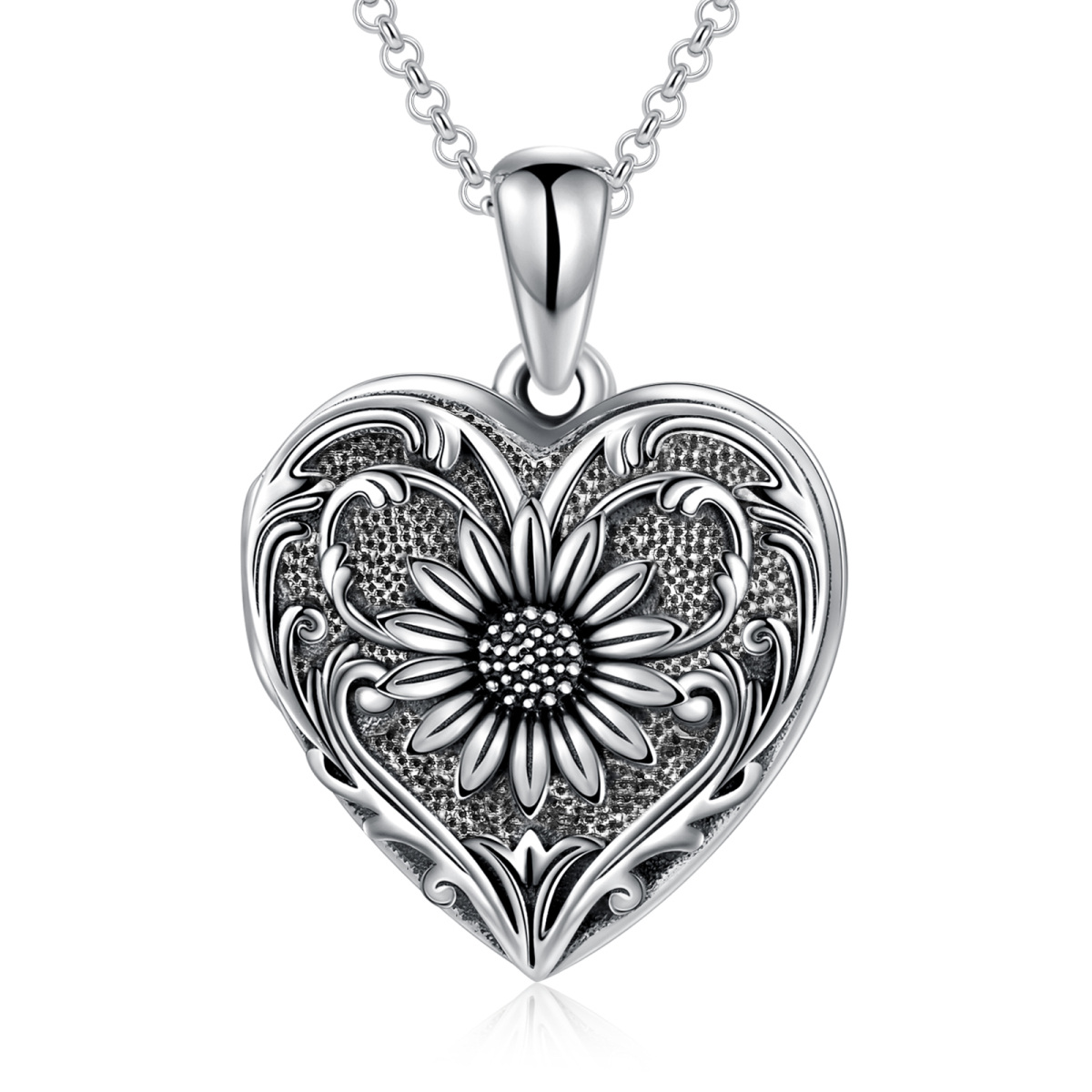 Sterling Silver Sunflower & Heart Personalized Photo Locket Necklace-1