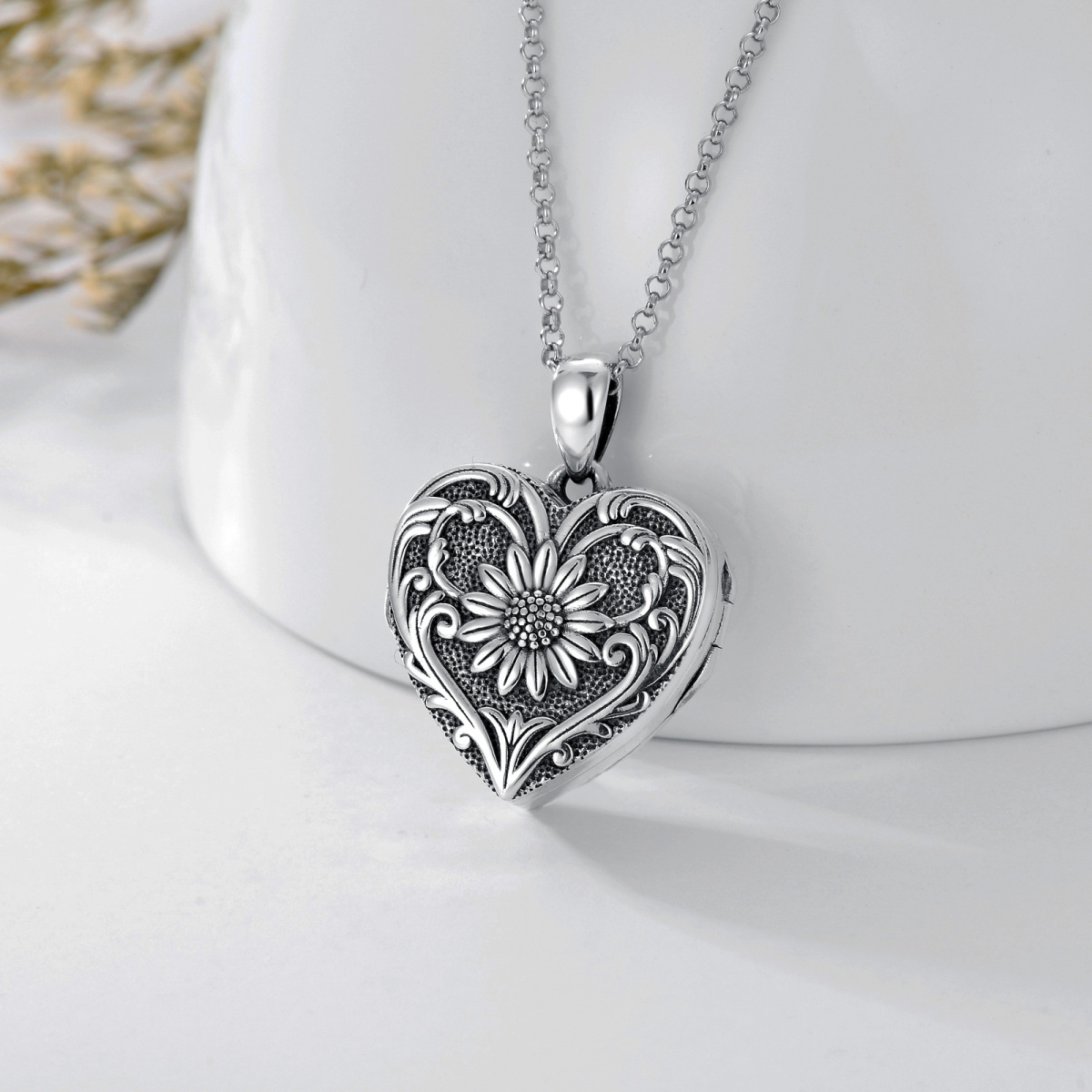 Sterling Silber Sonnenblume & Herz personalisierte Foto Medaillon Halskette-3