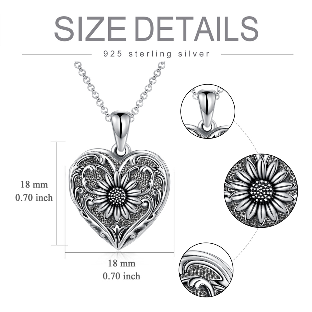 Collar Portafotos Personalizado Girasol y Corazón en Plata de Ley-5