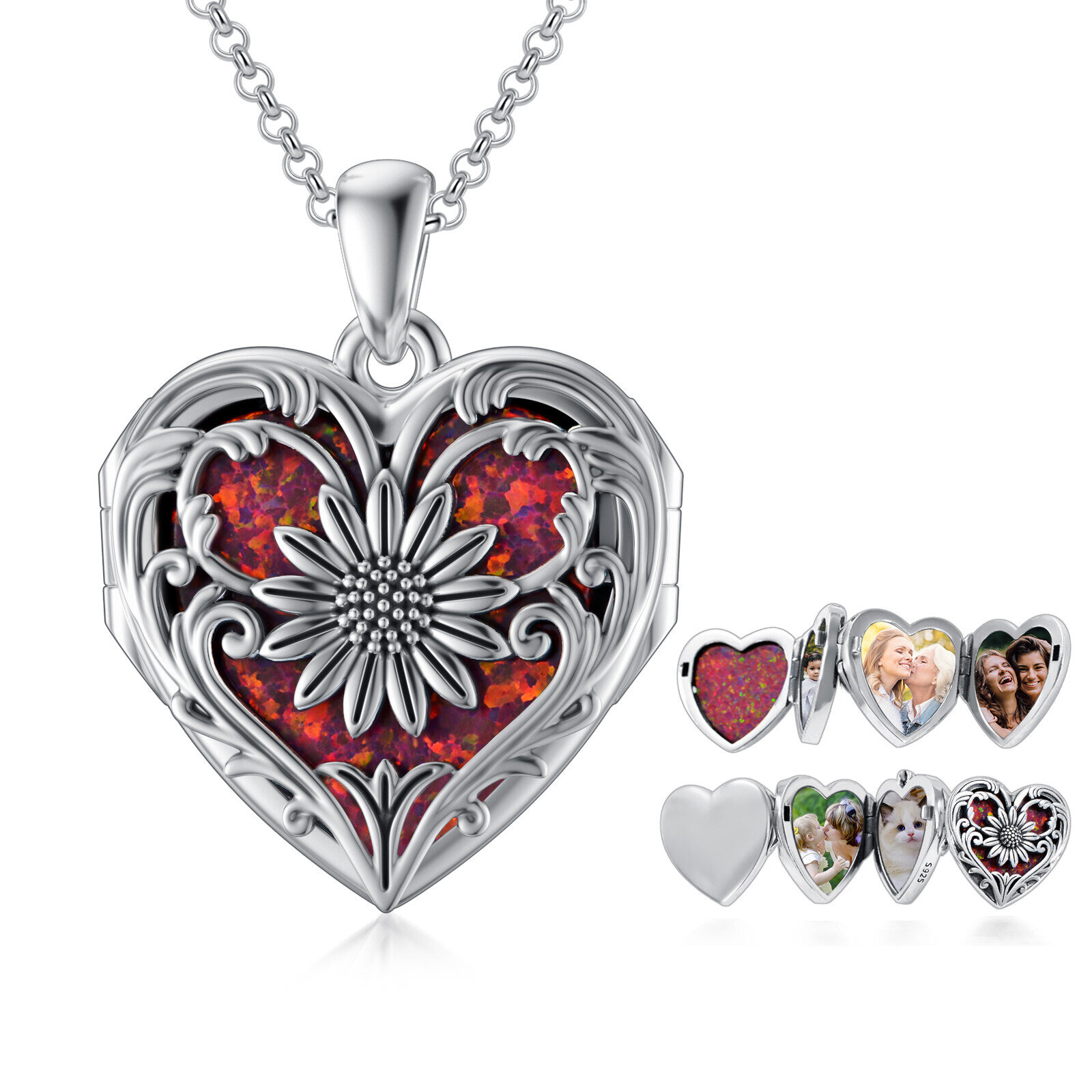 Sterling-Silber-Sonnenblumen-Herz-Personalisierte Foto-Medaillon-Halskette für Damen