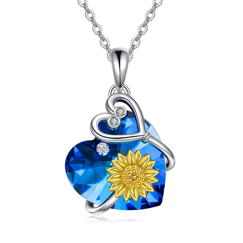 Collier stéthoscope en forme de cœur de tournesol en argent sterling avec cristal bleu-3