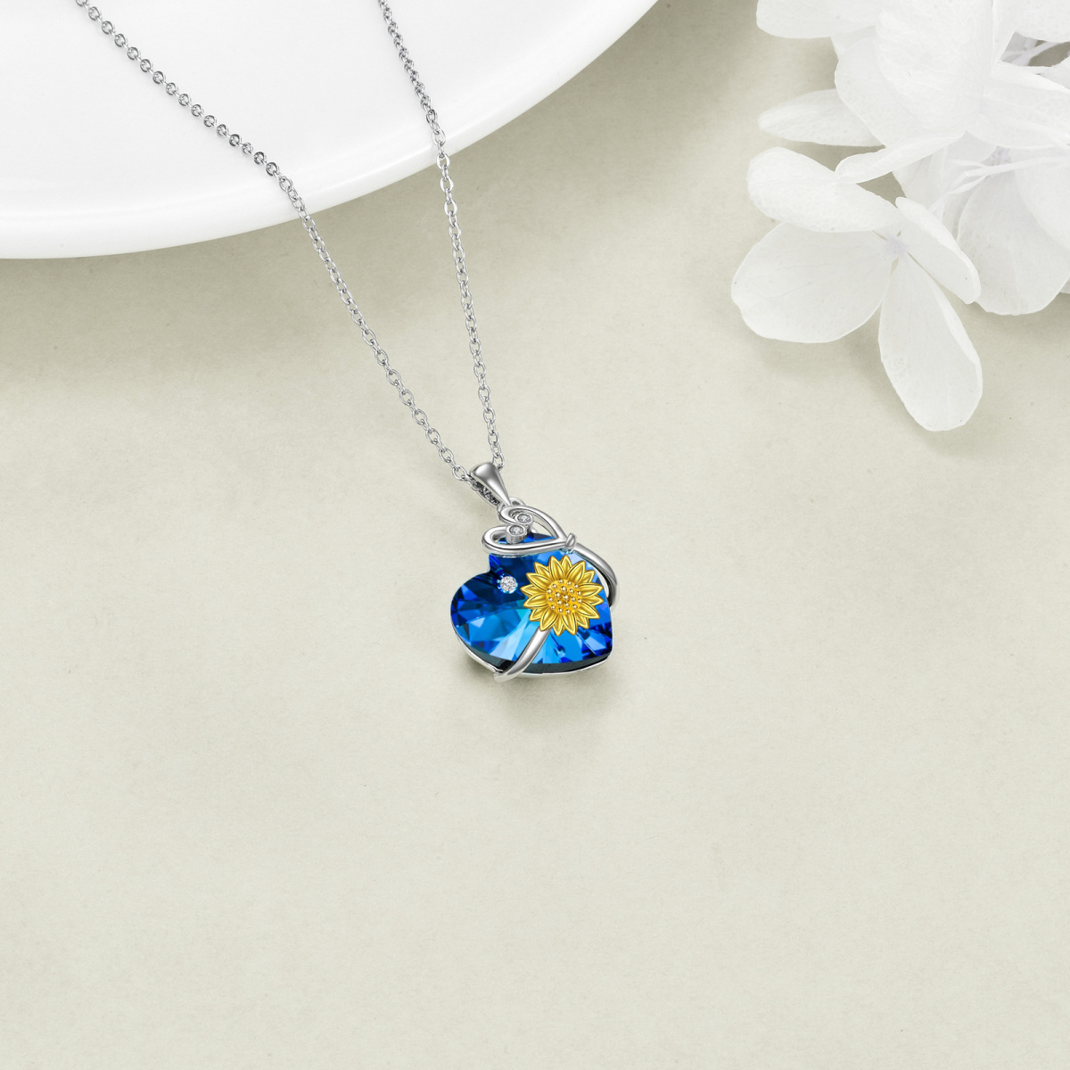 Collar de estetoscopio con forma de corazón de girasol de plata de ley con cristal azul-4