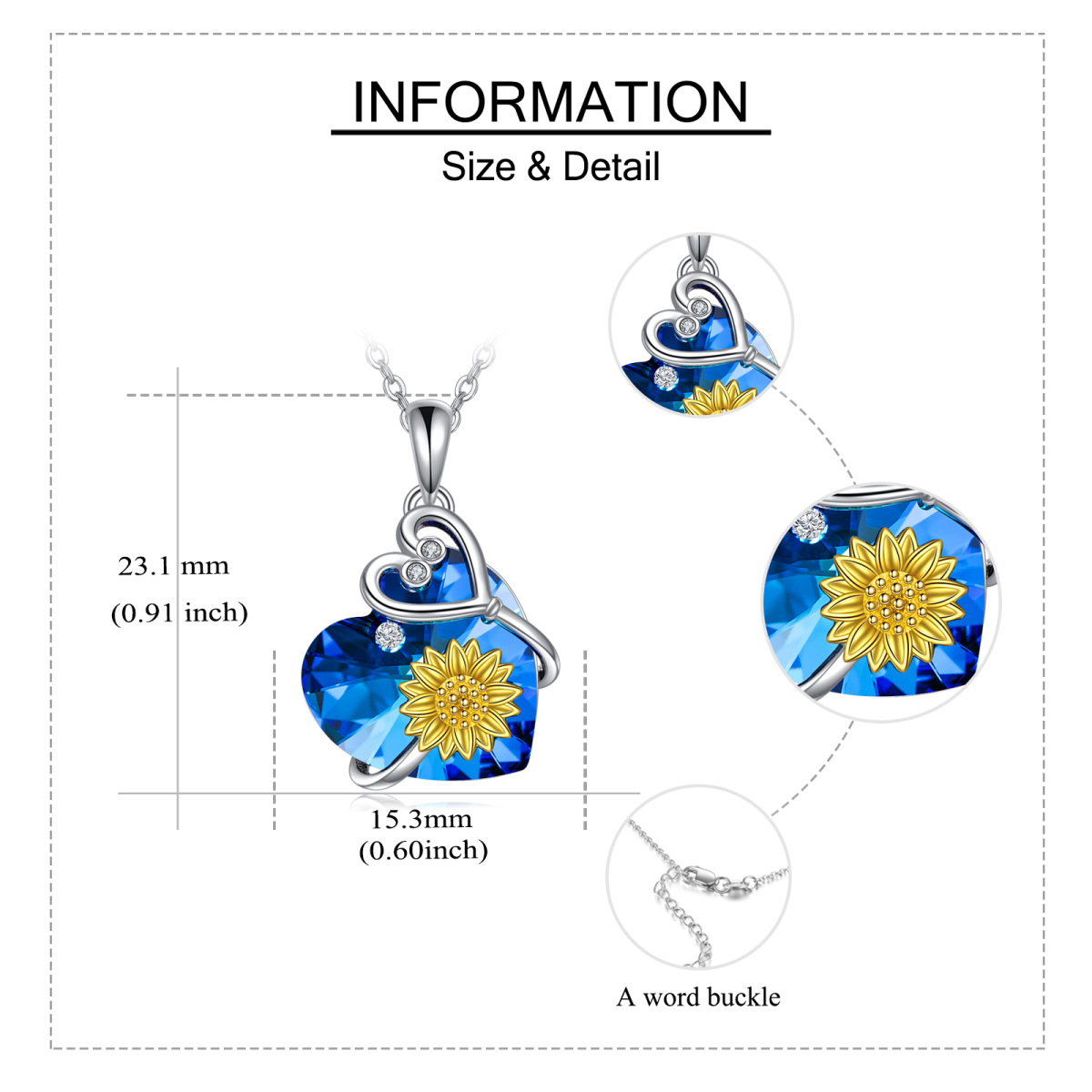 Collar de estetoscopio con forma de corazón de girasol de plata de ley con cristal azul-5