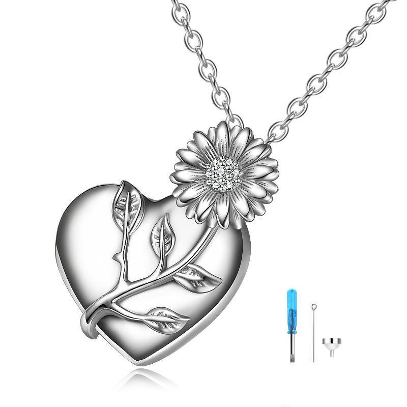 Sterling Silver Cubic Zirconia Sunflower & Heart Urn Necklace for Ashes with Engraved Word-20