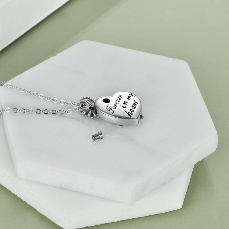 Sterling Silver Cubic Zirconia Sunflower & Heart Urn Necklace for Ashes with Engraved Word-3