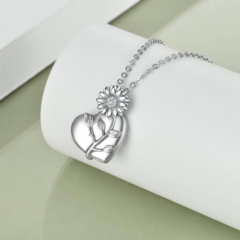 Sterling Silver Cubic Zirconia Sunflower & Heart Urn Necklace for Ashes with Engraved Word-4