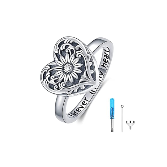 Anillo de urna para cenizas en forma de corazón con forma de girasol en plata de ley y palabra grabada