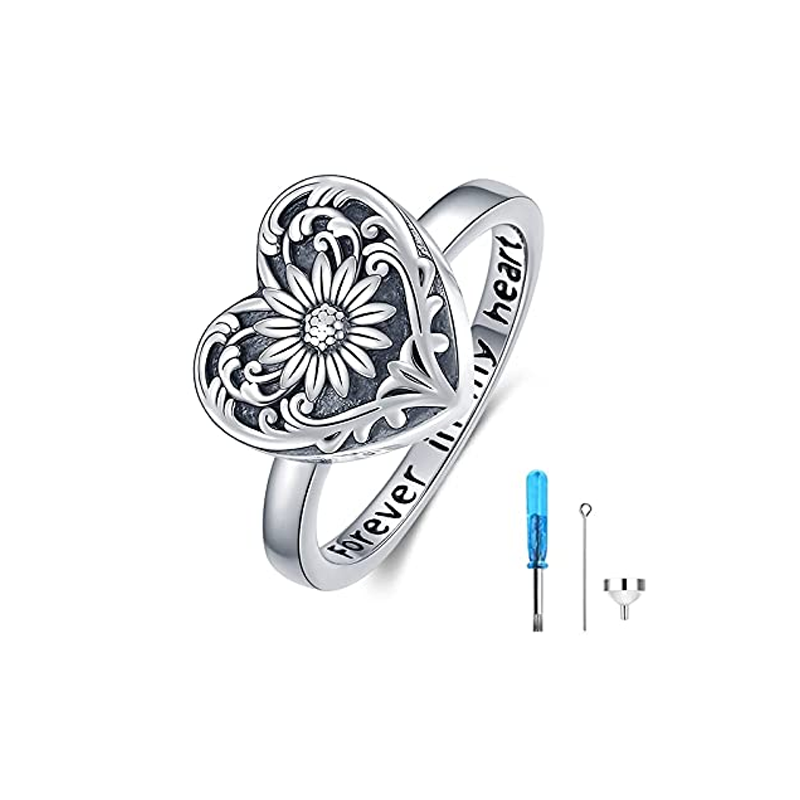 Sterling Silver Sunflower & Heart Urn Ring for Ashes with Engraved Word-6