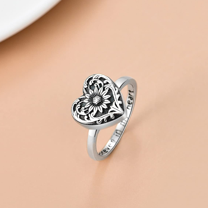 Sterling Silver Sunflower & Heart Urn Ring for Ashes with Engraved Word-2