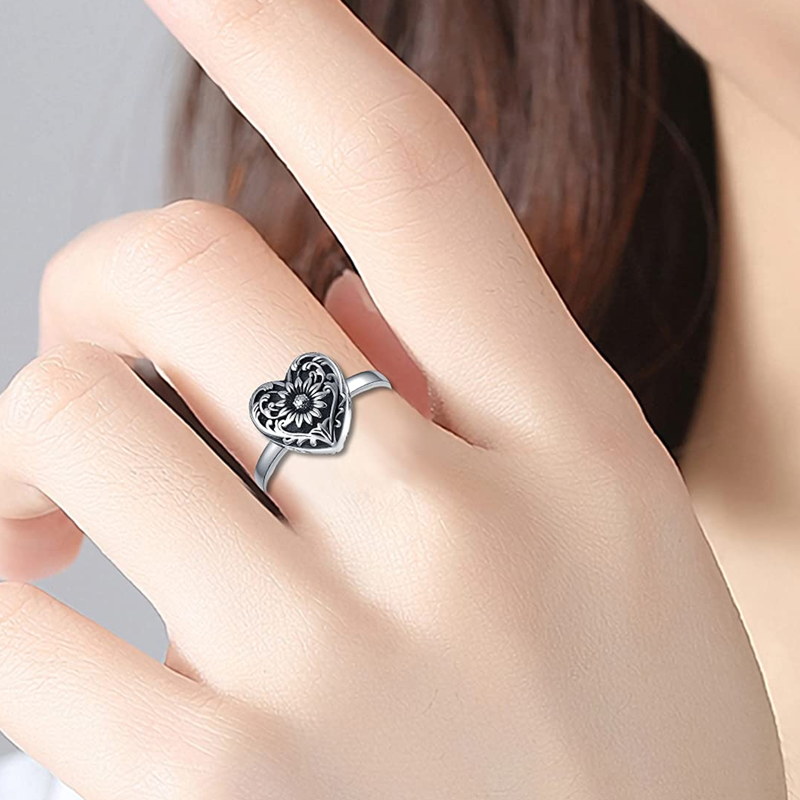 Sterling Silver Sunflower & Heart Urn Ring for Ashes with Engraved Word-3
