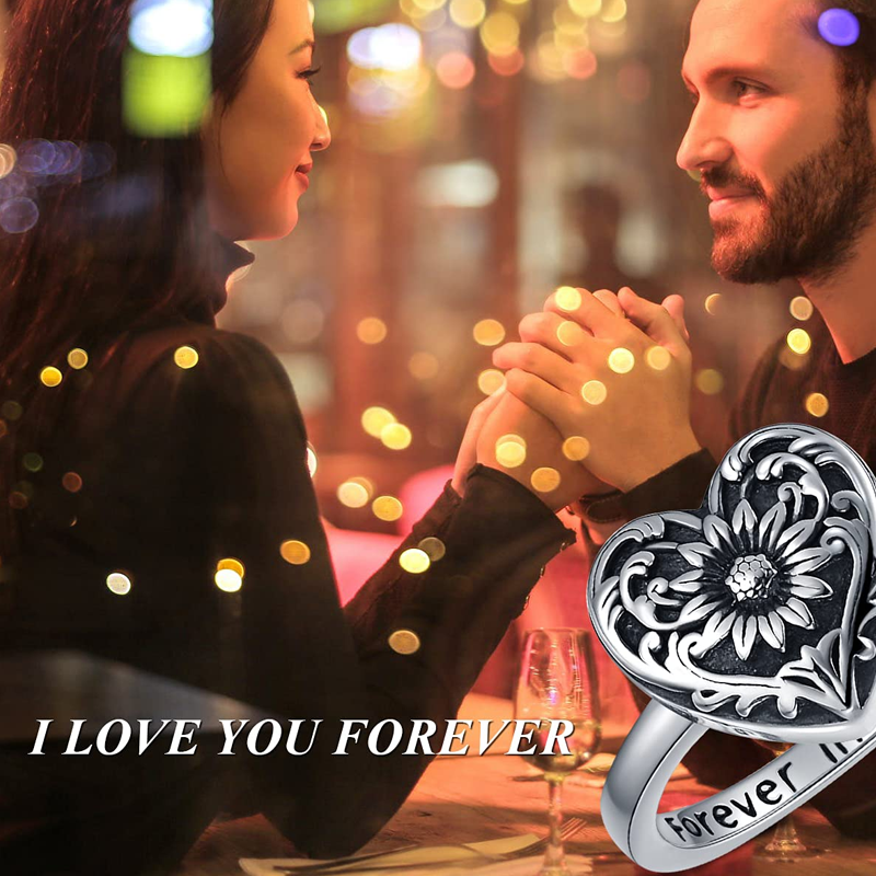 Sterling Silver Sunflower & Heart Urn Ring for Ashes with Engraved Word-4