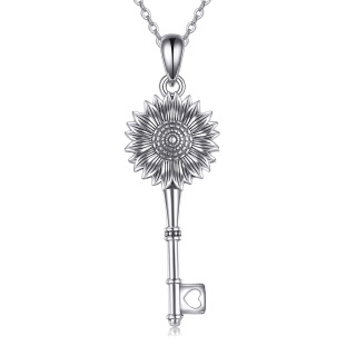 Sterling Silver Sunflower & Key Pendant Necklace-3