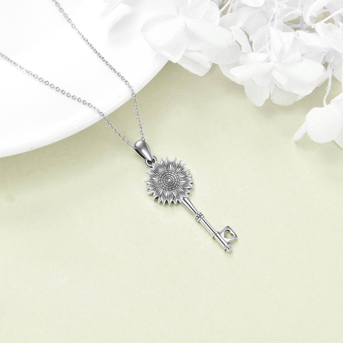 Sterling Silver Sunflower & Key Pendant Necklace-4