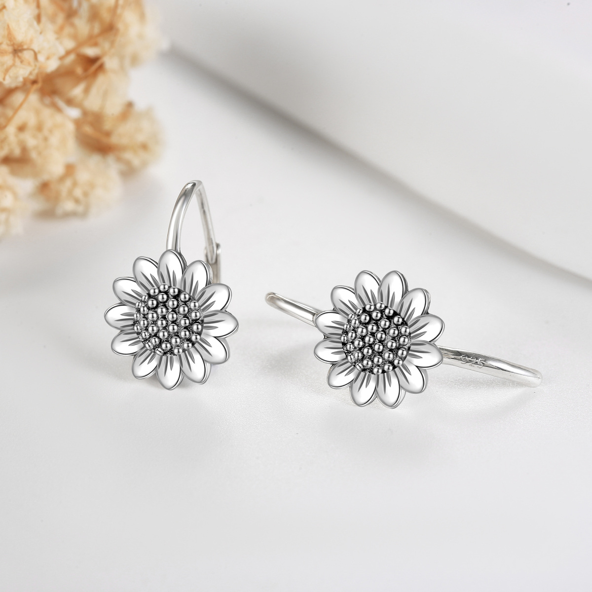 Sterling Silver Sunflower Lever-back Earrings-4