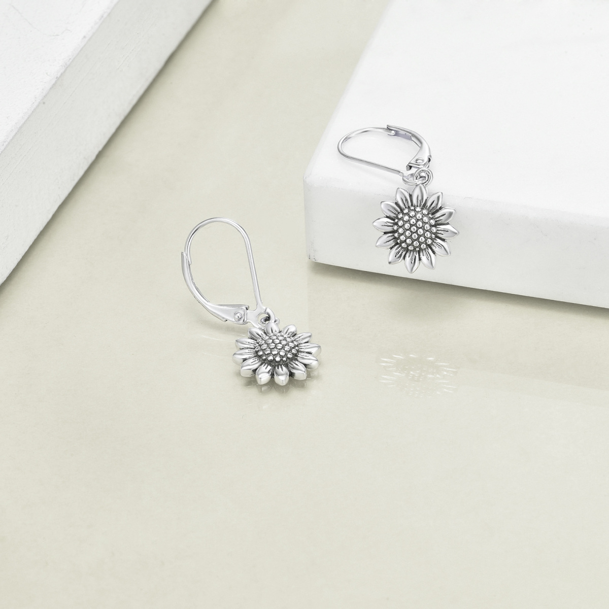 Sterling Silver Sunflower Lever-back Earrings-4