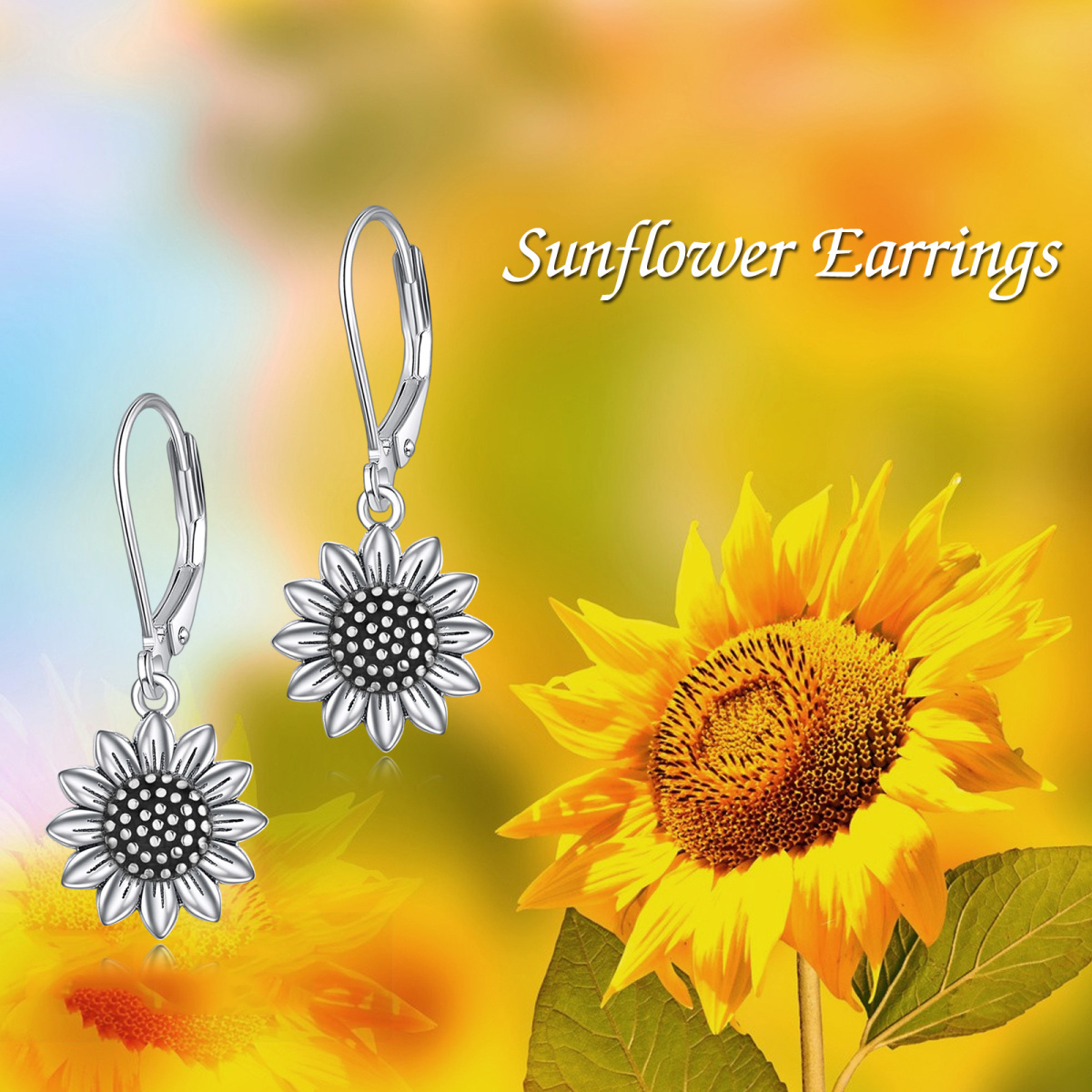 Sterling Silver Sunflower Lever-back Earrings-6