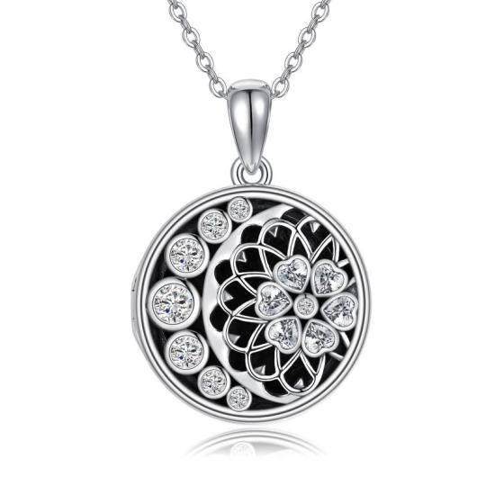 Sterling Silver Cubic Zirconia Sunflower & Moon Pendant Necklace