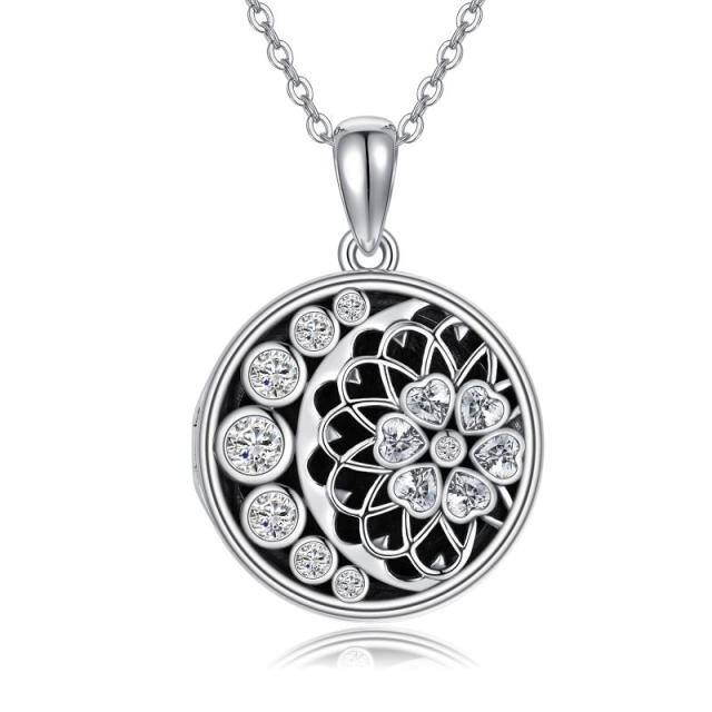 Sterling Silver Cubic Zirconia Sunflower & Moon Pendant Necklace-3