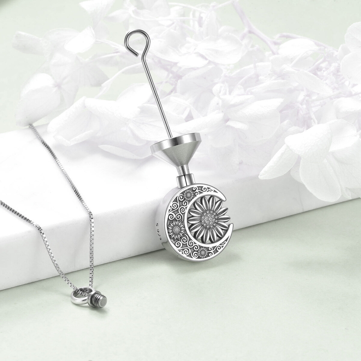 Sterling Silber Sonnenblume & Mond Urne Halskette-4