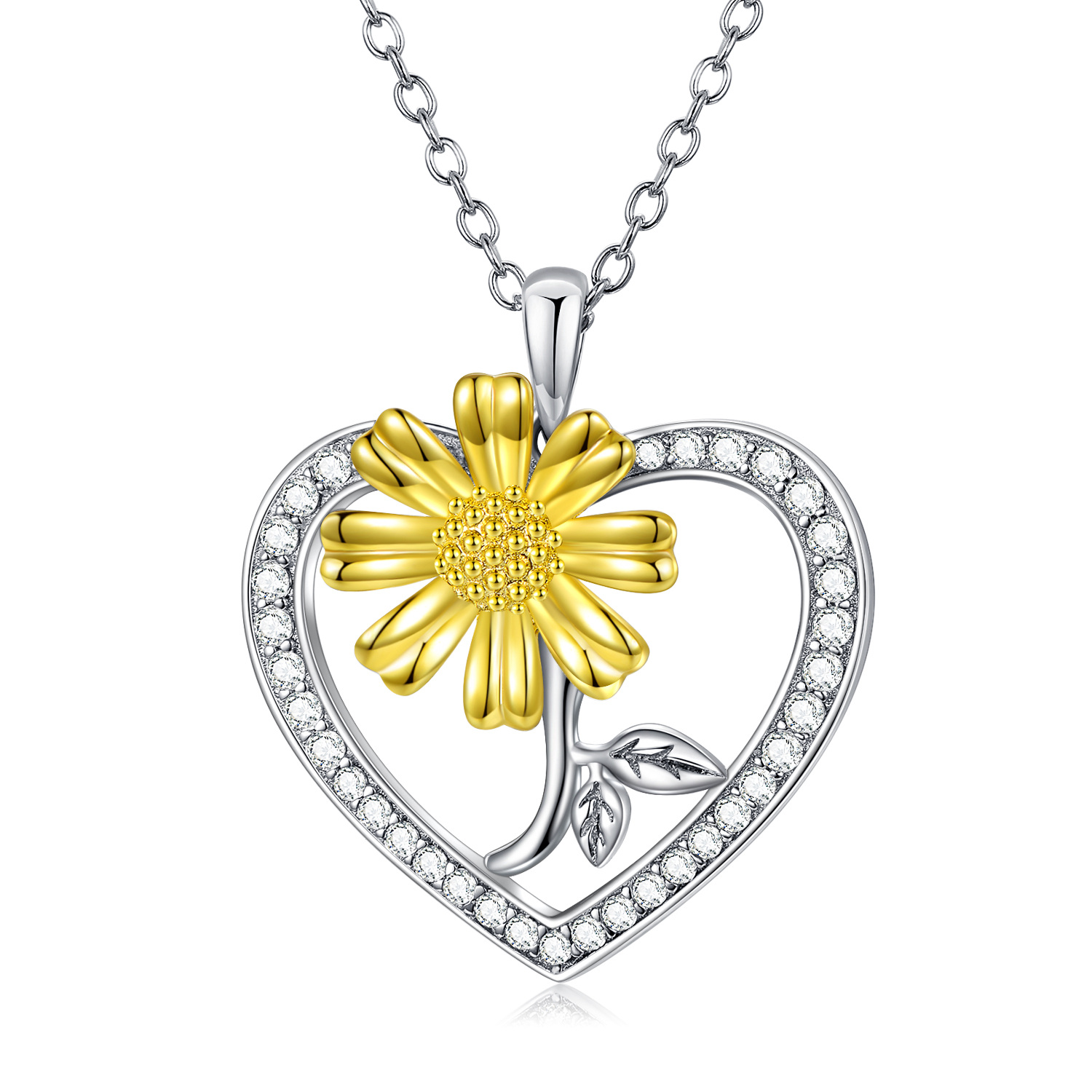 Image of Sterling Silver Two-tone Sunflower Heart Necklace for Women